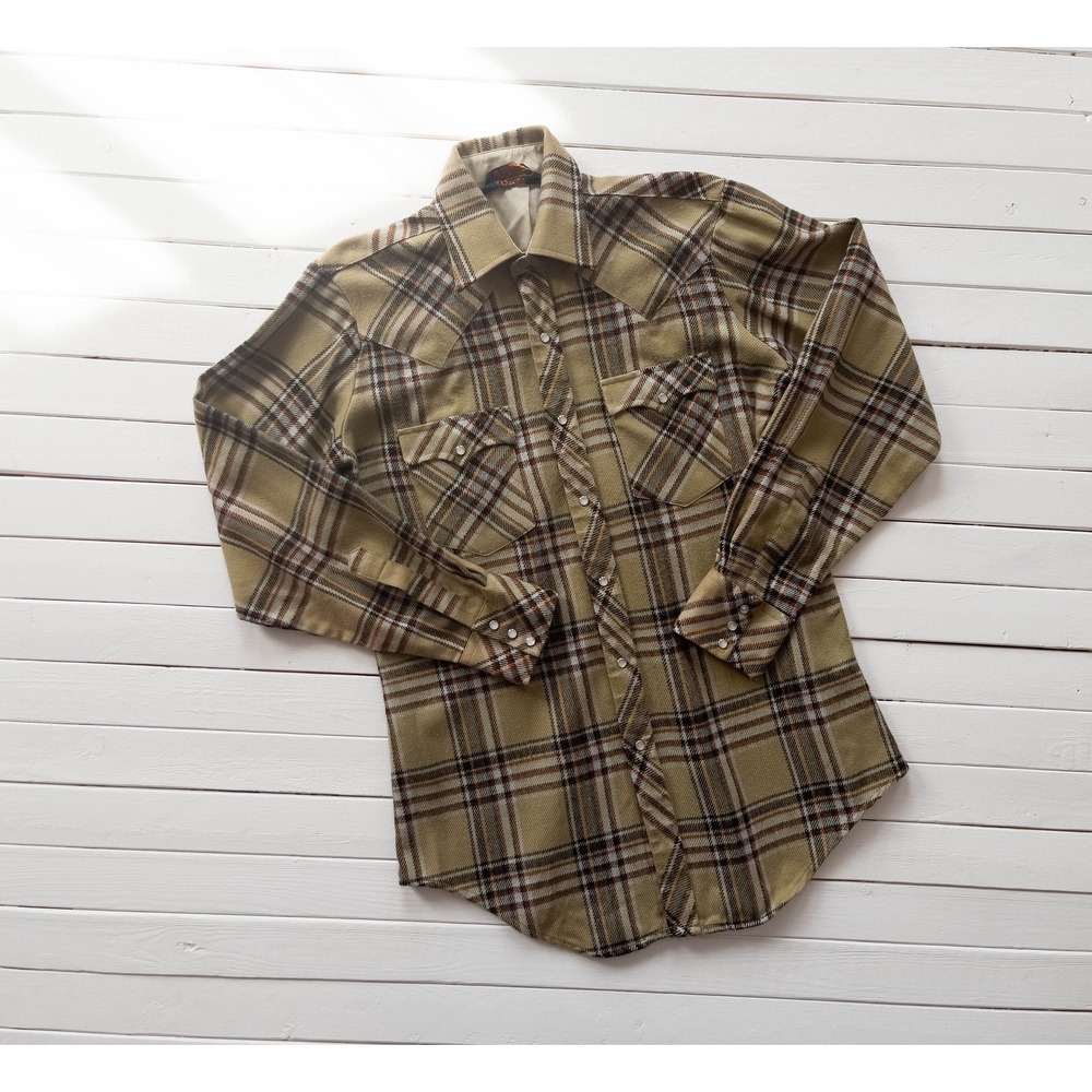 Sportsman Western Plaid Shirt Vintage 70s Cowboy S Brown Pearl Snap Heavy Woven